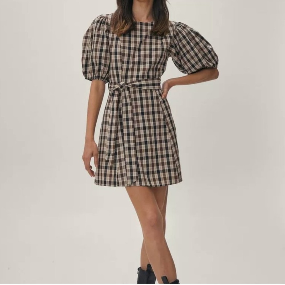 NASTY GAL CHECK PUFF SLEEVE DRESS